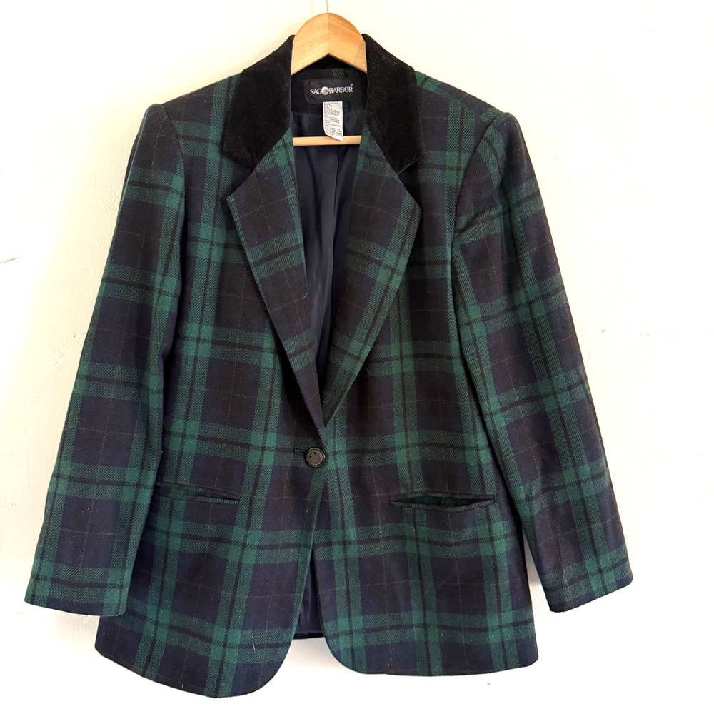 Sag Harbor Women Plaid Blazer Size 10 Wool Blend Blue Green Tartan Velvet Collar